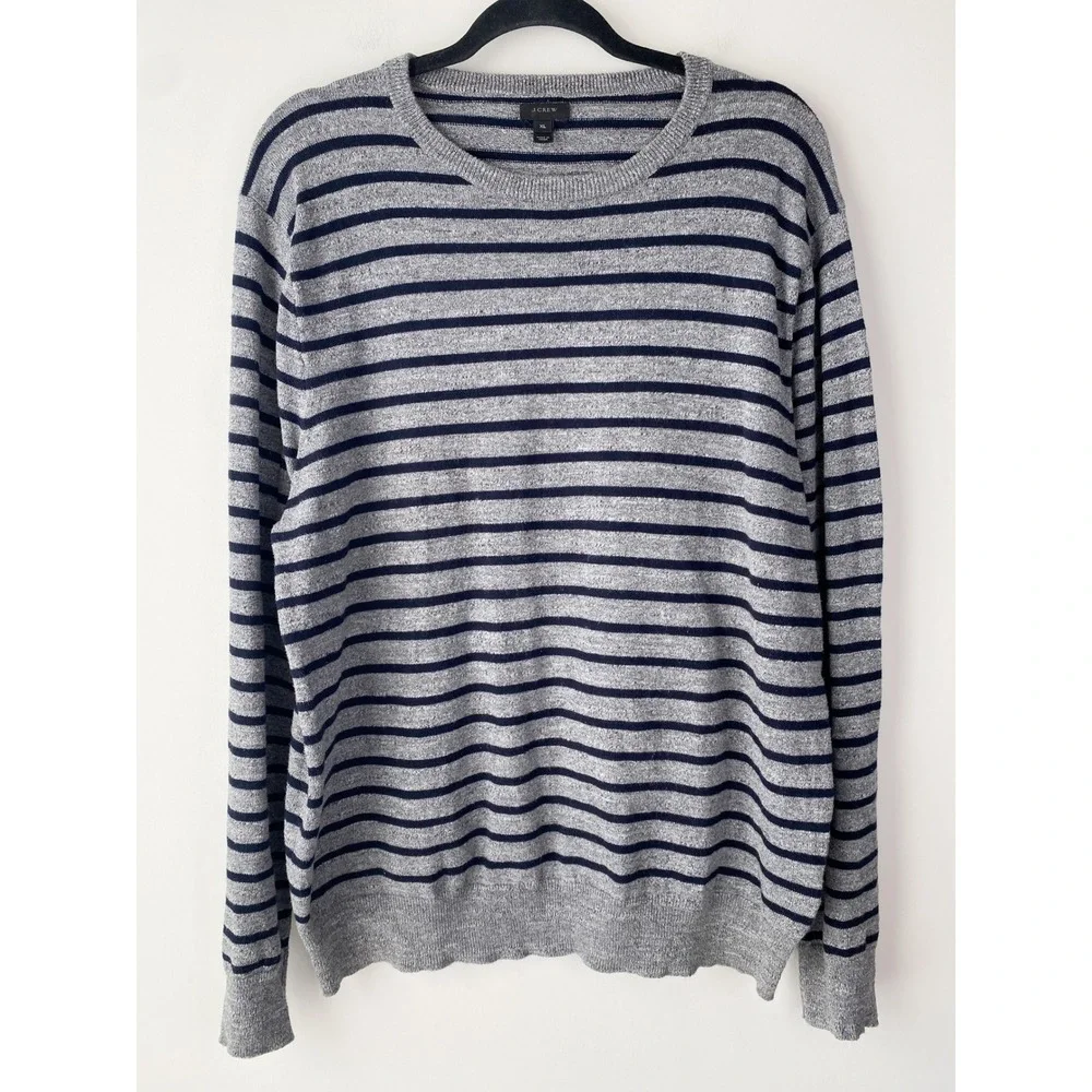 J Crew Mens‎ Rugged Striped Crewneck Sweater XL Pewter Gray Cotton Blokecore 90s